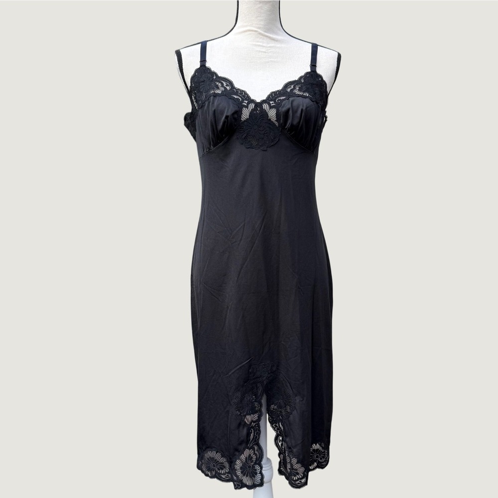 Shadowline Vintage Black Nylon Full Slip Lace Trim V-Neck Size 36 Tall